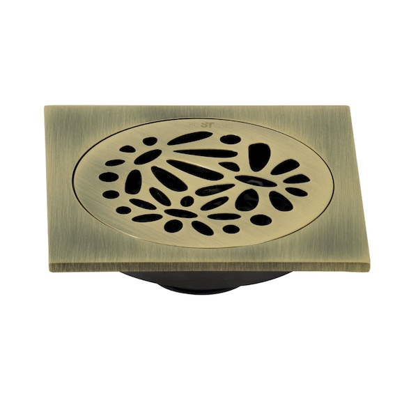 BSF6360AB Watercourse Floral 4" Square Grid Shower Drain, Antique Brass